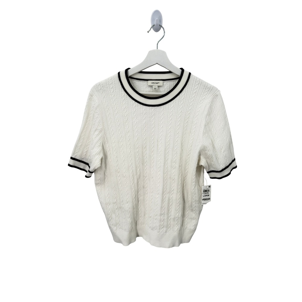 ON-34TH Sweater Womens Large White Cable Knit Short Sleeve Contrast Trim Crew